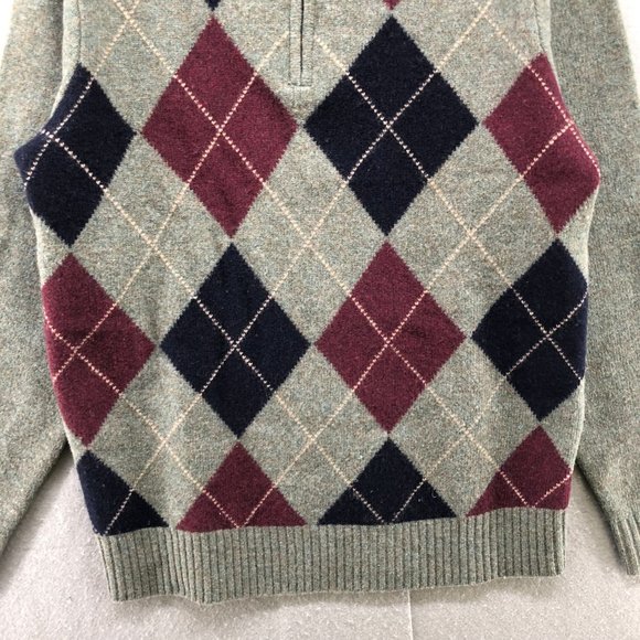 J. Crew Wool Argyle 1/4 Zip Sweater Mens Small S Olive Burgundy Academia Preppy - Picture 5 of 12